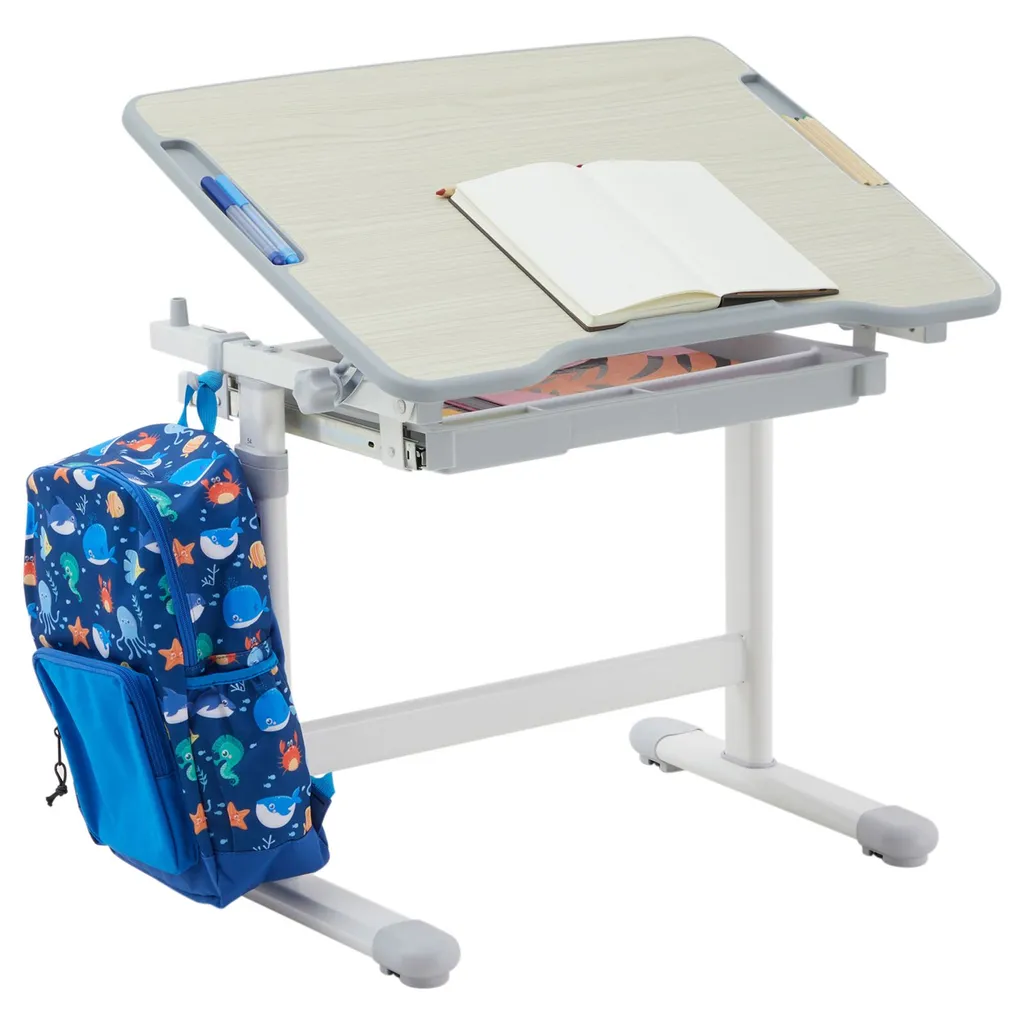 Kinderschreibtisch VITA Sonoma Eiche/grau höhenverstellbar und neigbar, Schreibtisch für Kinder mit Schublade, Tisch mit Rinne für Stifte und Rucksackhalterung